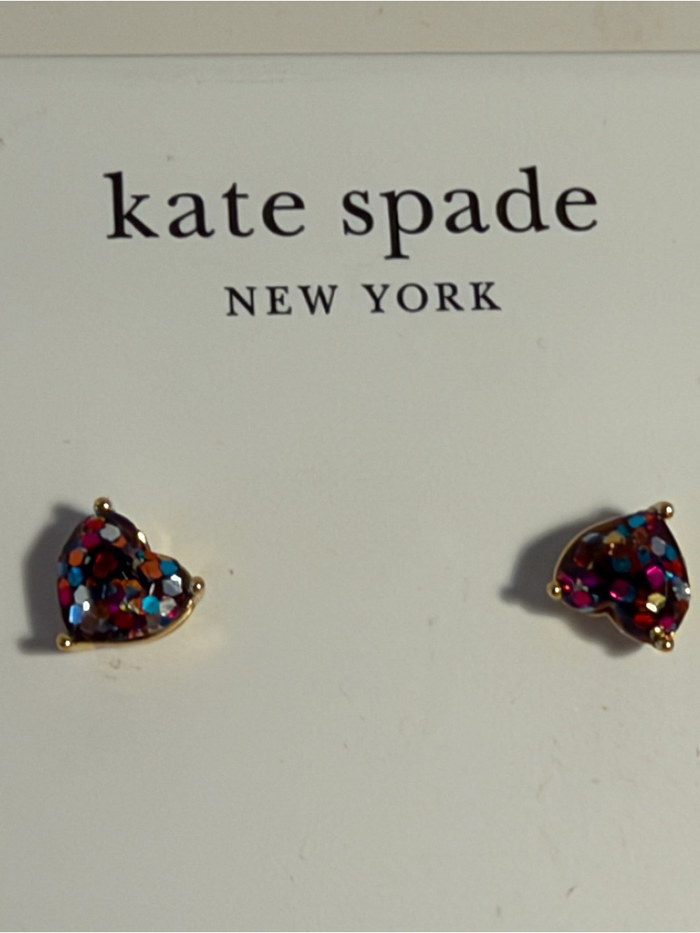 Kate Spade My Love Gold Tone & Multicolored Glitter Heart Stud Earrings - NWT **